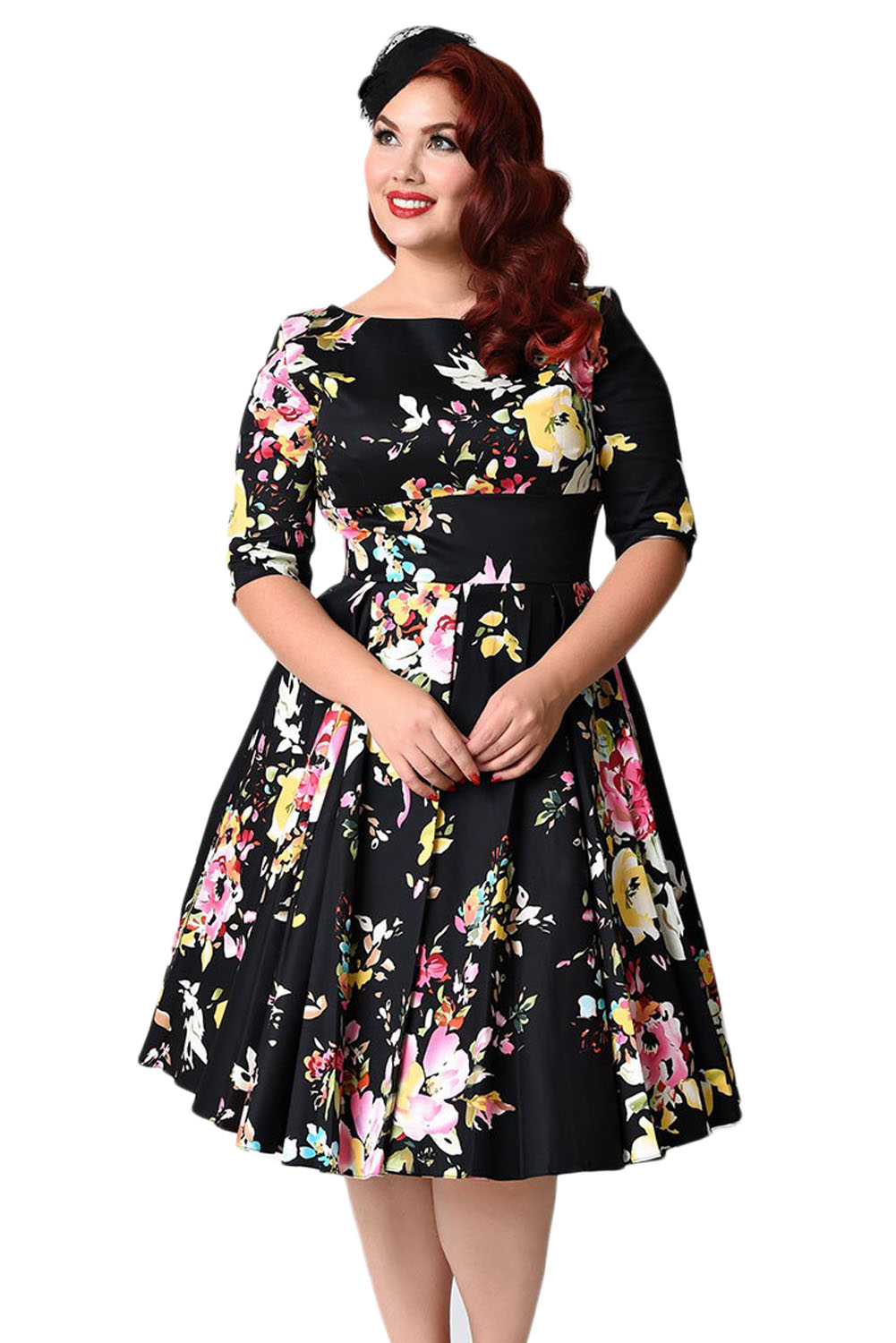 BY61702-2 Black Vintage Style Floral Half Sleeve Swing Dress